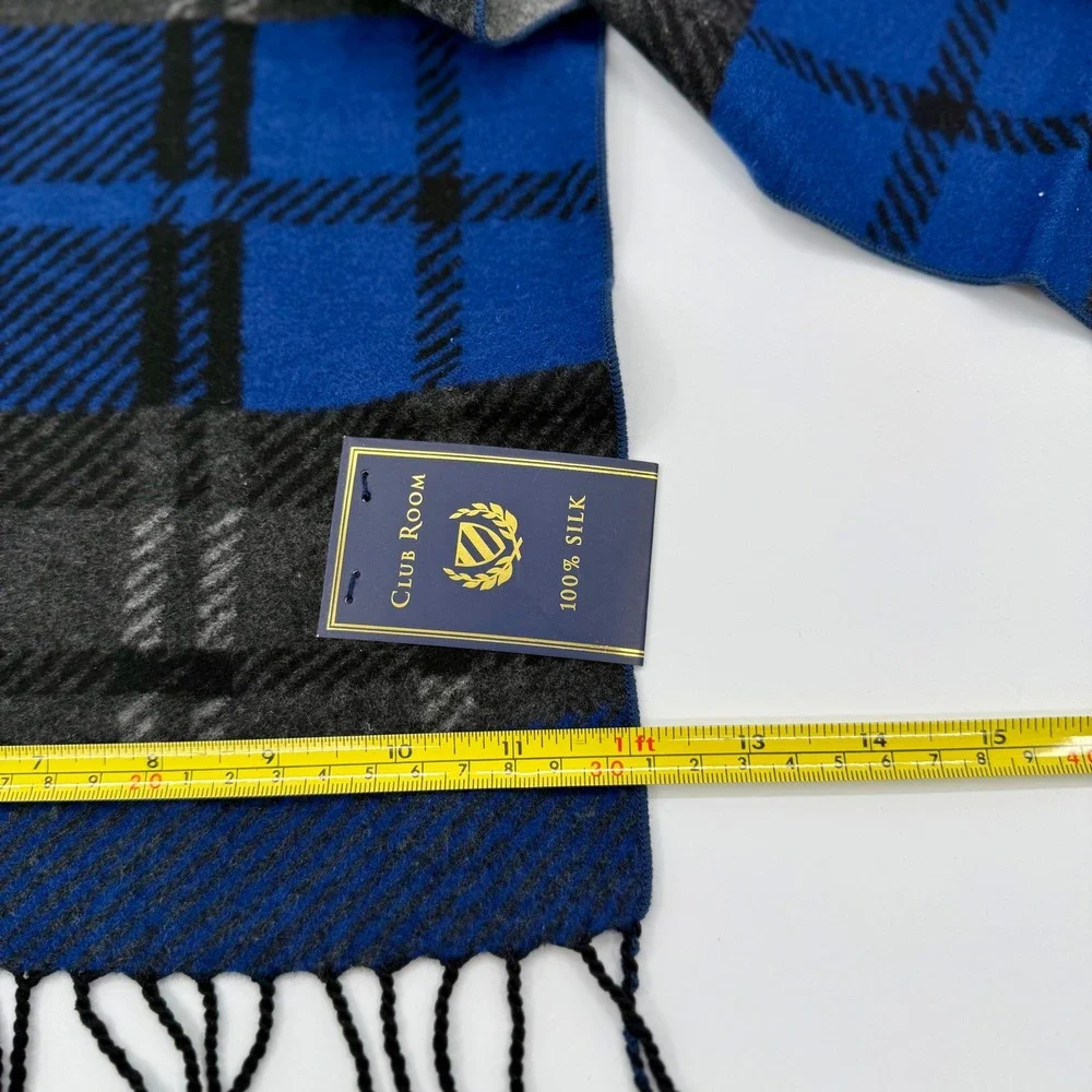 Club Room Mens 100% Silk Plaid Scarf Blue Grey Black Fringe 4103NVY469‎ NWT